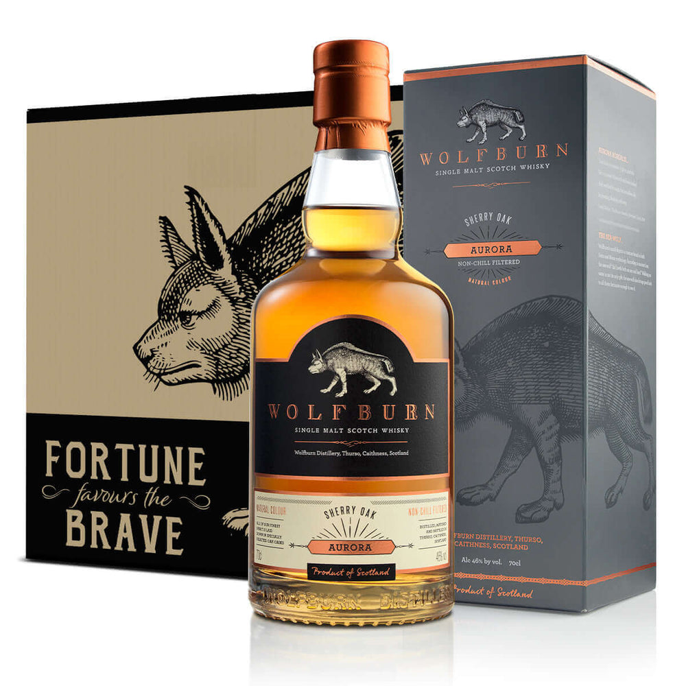 Wolfburn Distillery Wolfburn Aurora – 46% vol. 70cl This beautiful sherried whisky is made from spirit laid down in a combination of bourbon and Oloroso sherry casks. Benefitting from long fermentation and slow, gentle distillation, the spirit is laid dow