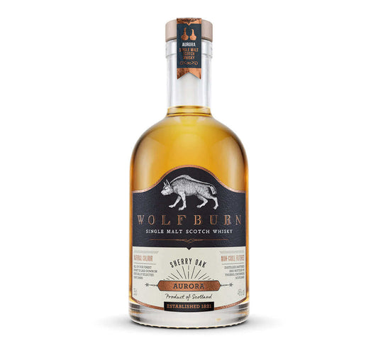Wolfburn Aurora – 46% vol. 35cl This beautiful sherried whisky is made from spirit laid down in a combination of bourbon and Oloroso sherry casks. Benefitting from long fermentation and slow, gentle distillation, the spirit is laid down on-site in our pur