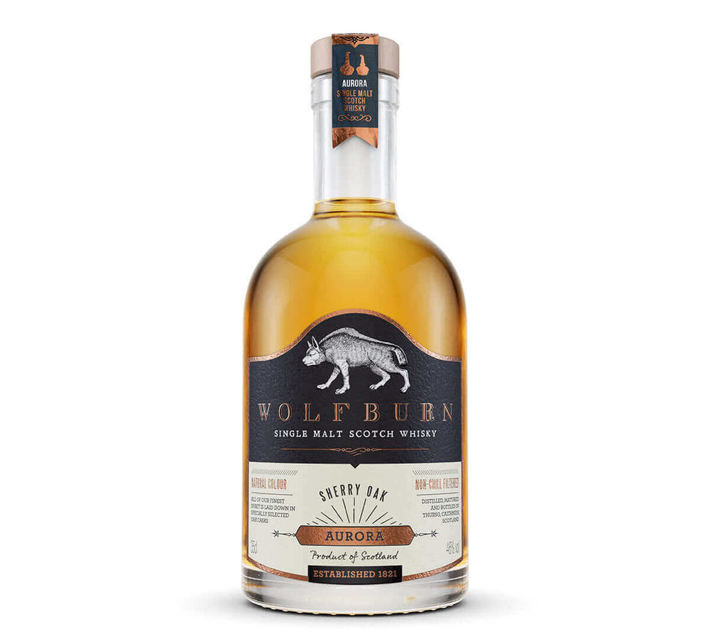 Wolfburn Distillery Aurora – 46% vol. 35cl This beautiful sherried whisky is made from spirit laid down in a combination of bourbon and Oloroso sherry casks. Benefitting from long fermentation and slow, gentle distillation, the spirit is laid dow