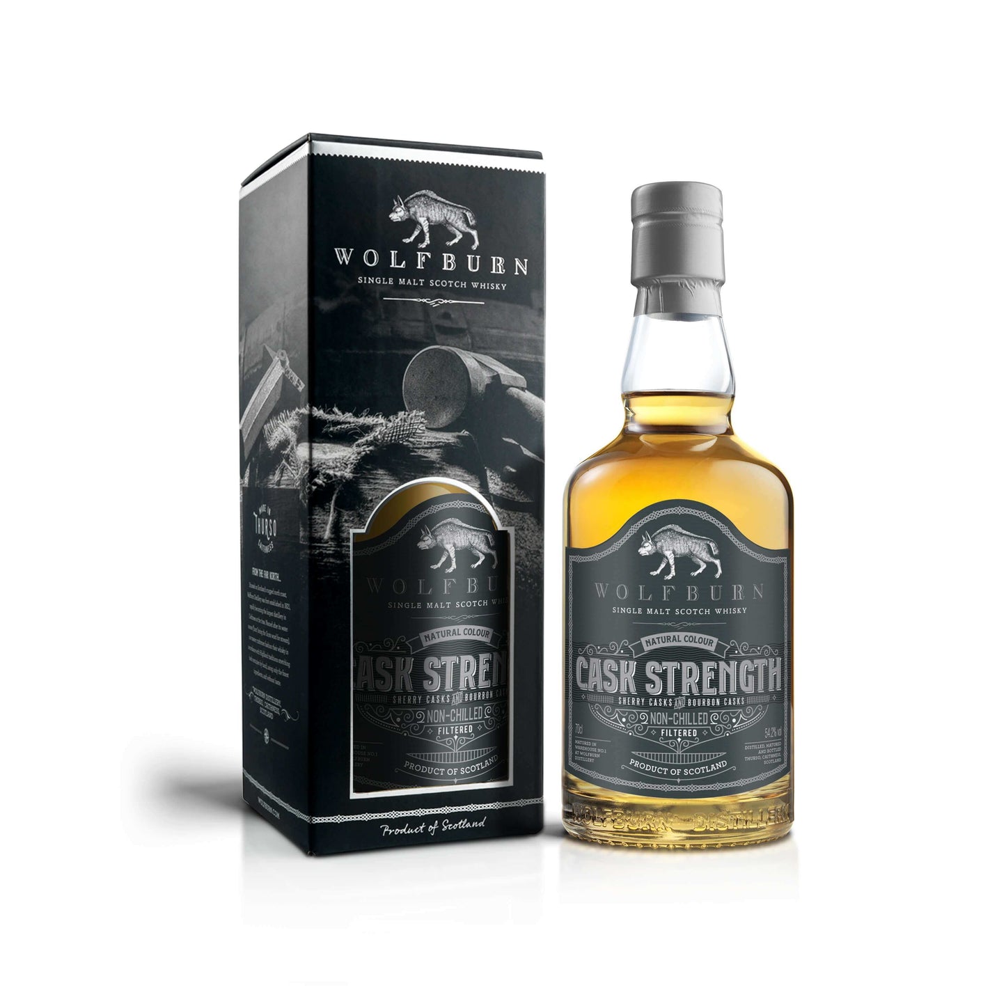 Wolfburn Distillery Wolfburn Cask Strength - 56.9% vol. 70cl Crafted from spirit matured in a combination of wonderfully sweet Oloroso sherry butts and ex-bourbon quarter casks it is a shade over seven years old. This hand-selected cask pairing has done a