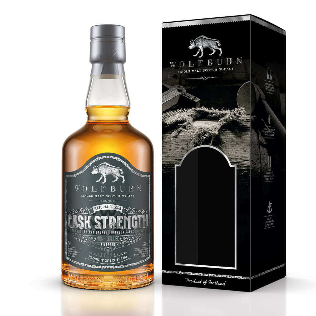 Wolfburn Cask Strength - 56.9% vol. 70cl Crafted from spirit matured in a combination of wonderfully sweet Oloroso sherry butts and ex-bourbon quarter casks it is a shade over seven years old. This hand-selected cask pairing has done an astonishing job of