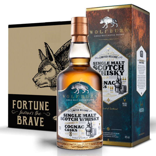 Wolfburn Cognac Cask Finish bottle and carton on white background