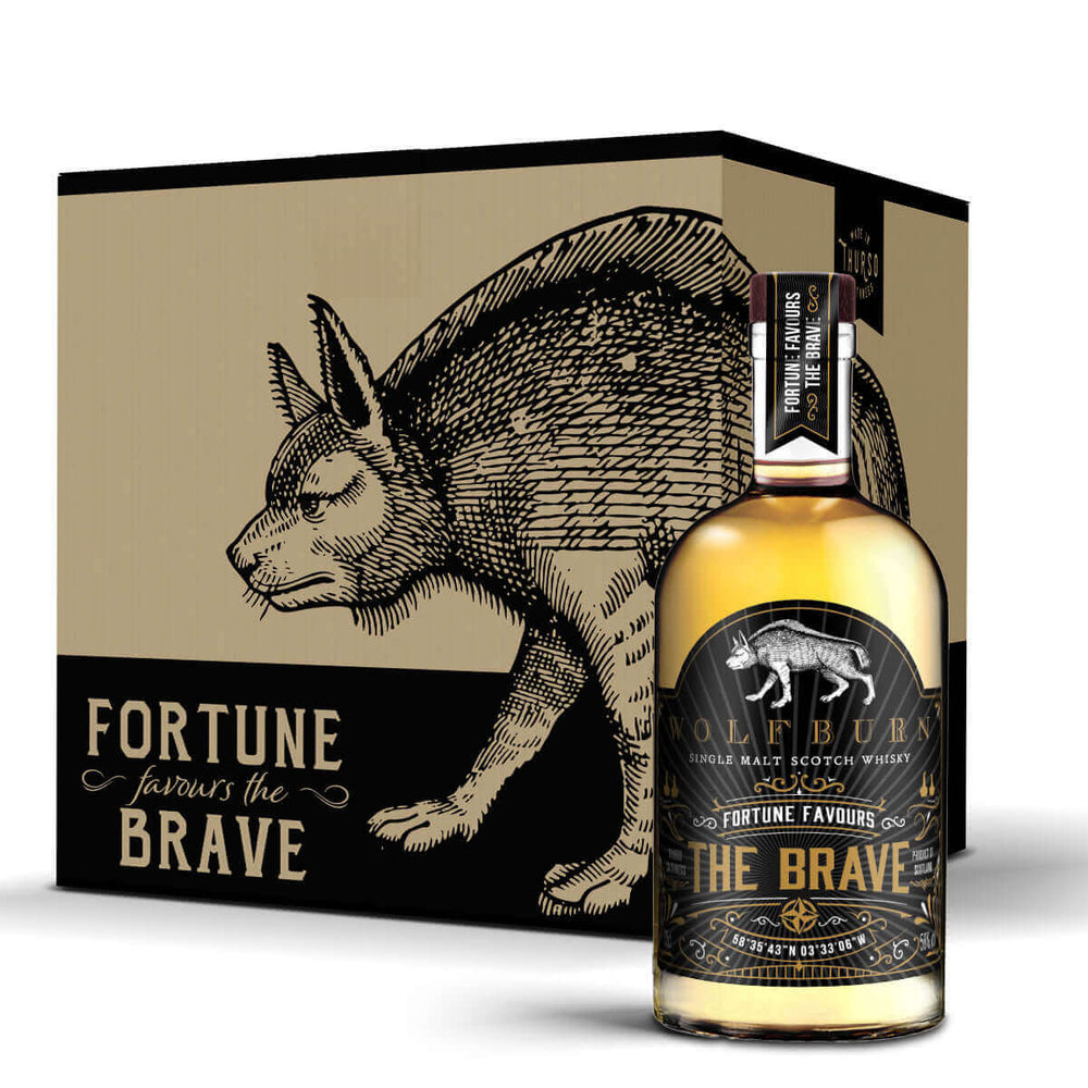 Wolfburn Distillery Wolfburn Fortune Favours the brave (Case of 5) The 35cl Fortune Favours the Brave Langskip edition at 58%. Matured exclusively in first-fill ex-bourbon barrels. Distilled, matured and bottled at Wolfburn Distillery in Caithness, Scotla