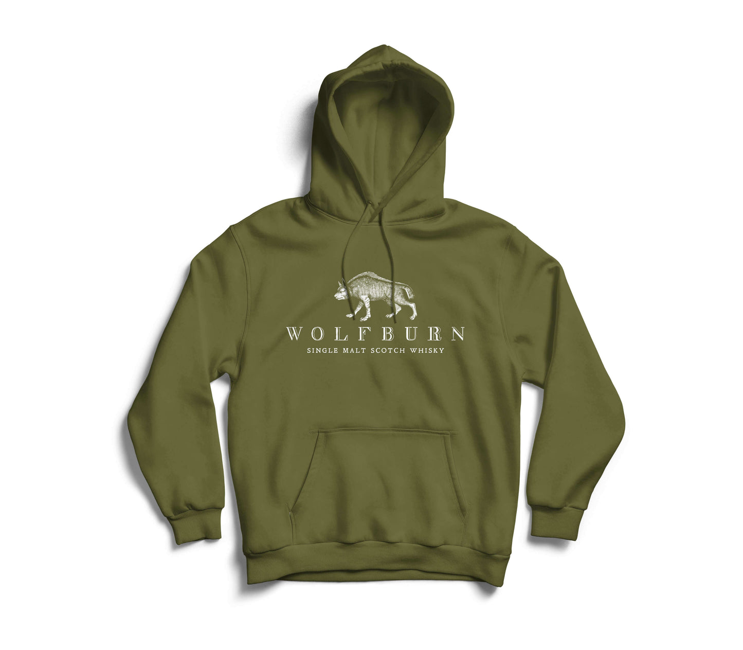 Wolfburn Hoodie ‘The Brave’ Army Green Hooded top. Screen printed 'Wolfburn' logo on the chest and large 'The Brave' on the back.