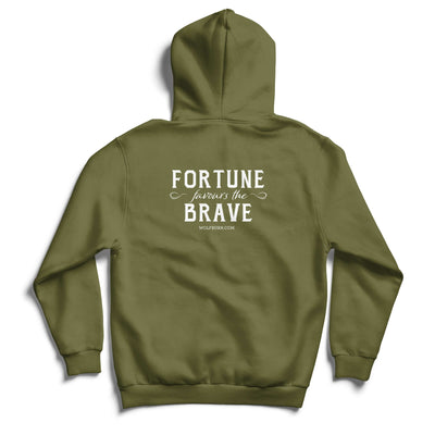 Army green hoodie with 'Wolfburn' logo on the chest and 'The Brave' text on the back, featuring a comfortable hooded design.