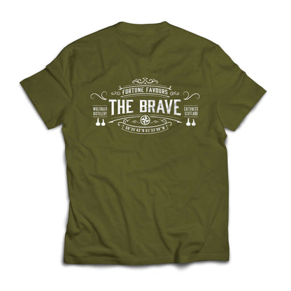Wolfburn T-shirt 'The Brave' Army Green 100% cotton t-shirt. Screen printed 'Wolfburn' logo on the chest and 'The Brave' on the back.