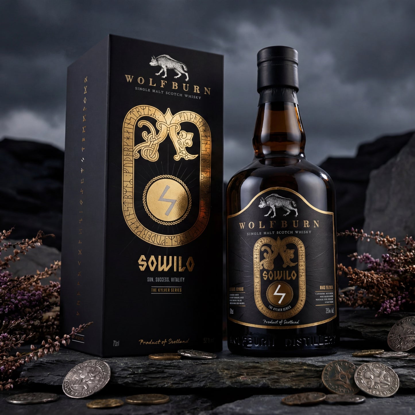 A bottle of Wolfburn Kylver Sowilo single malt whisky stands beside its matching black and gold packaging box on a dark stone surface, with viking coins and dried flowers arranged around them against a moody outdoor backdrop.