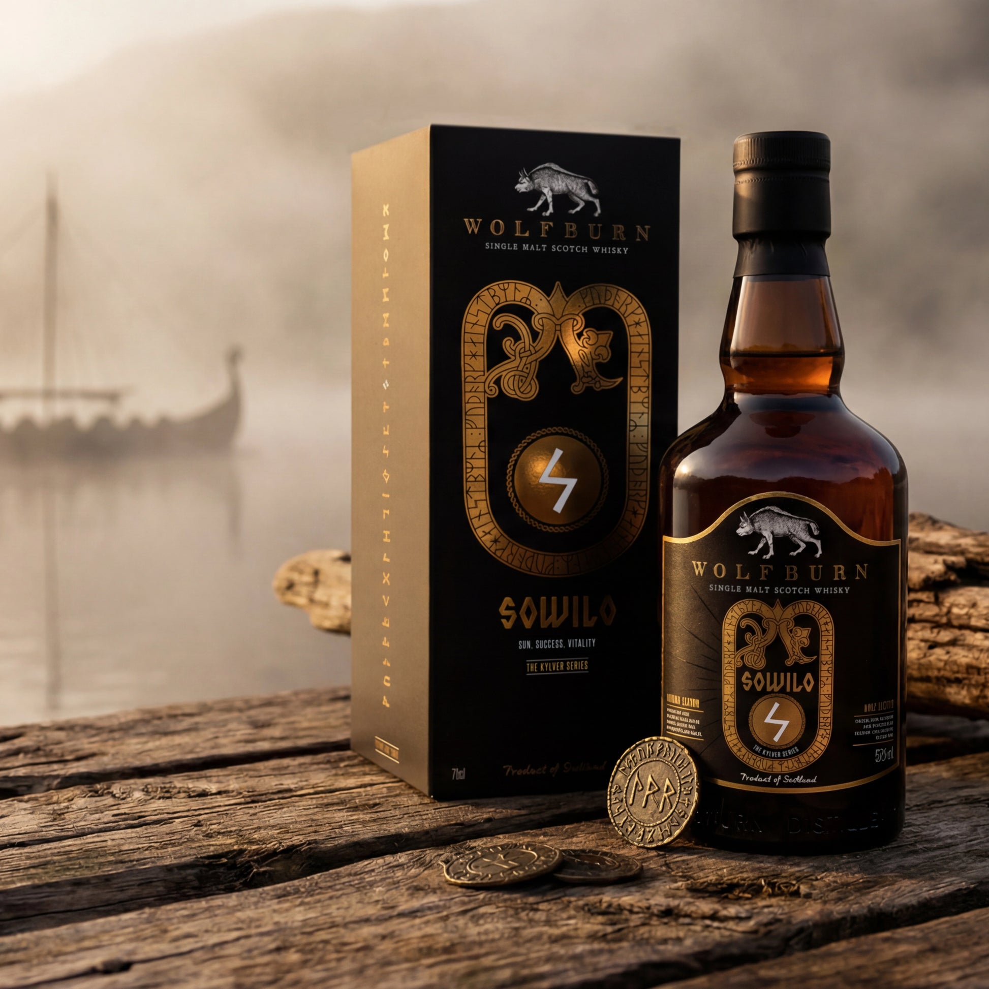 A bottle of Wolfburn Kylver Sowilo single malt Scotch whisky and its matching black and gold packaging box, styled on a rustic wooden surface with Viking coins and a misty, atmospheric background.