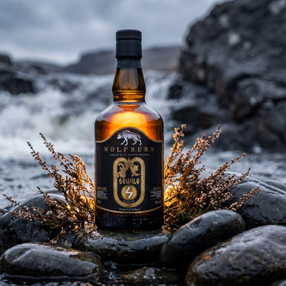A bottle of Wolfburn Kylver 16 Scotch whisky stands on wet rocks by the sea, with waves and dark boulders blurred in the background. The bottle is amber glass with a black cap and a black label featuring gold details and a Wolfburn logo.