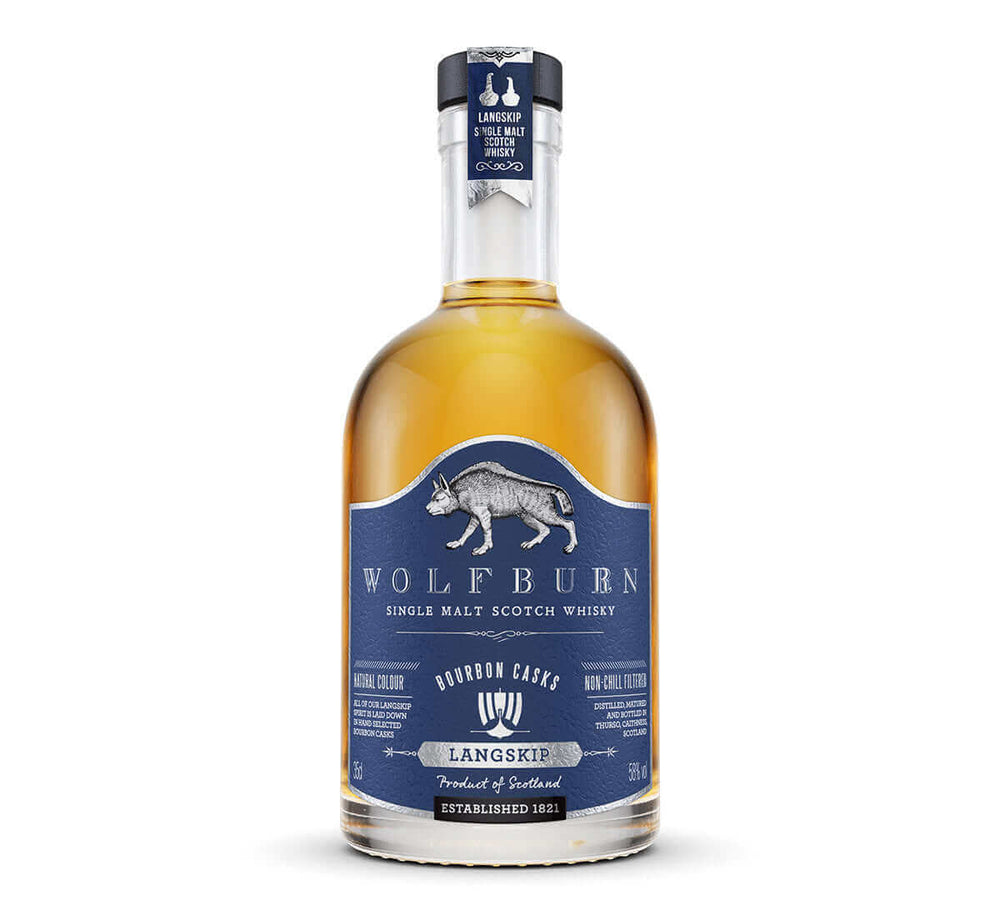 Wolfburn Distillery Langskip – 58% vol. 35cl A sweet, balanced and beautifully easy-drinking dram, Langskip’s strength is matched only by its smoothness. Matured entirely in first-fill bourbon casks, this whisky has a unique richness and an extra