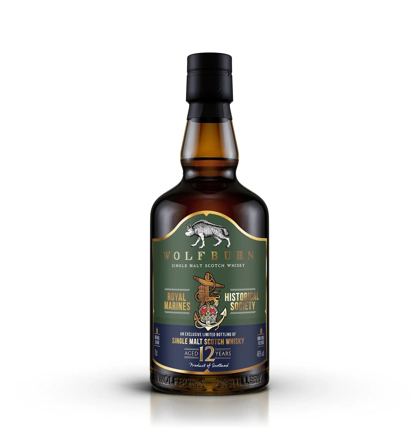 RMHS Single Malt Scotch Whisky bottle aged 12 years with unique Royal Marines Historical Society branding.