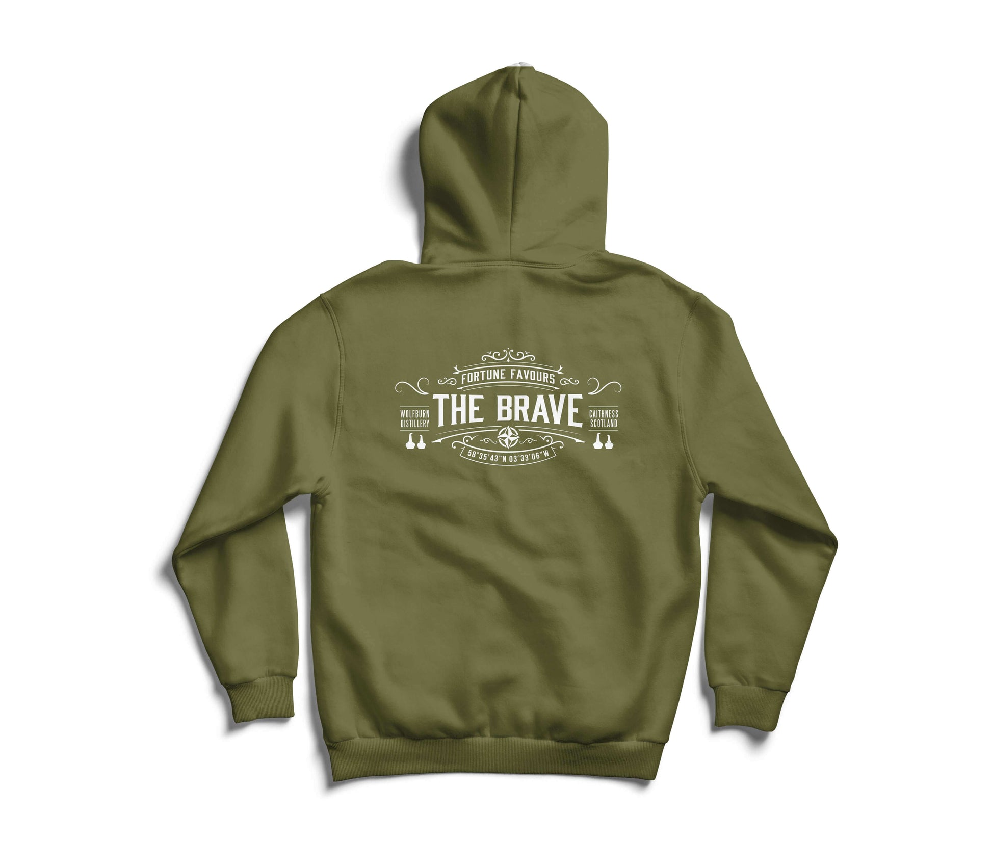 Wolfburn Hoodie ‘The Brave’ Army Green Hooded top. Screen printed 'Wolfburn' logo on the chest and large 'The Brave' on the back.