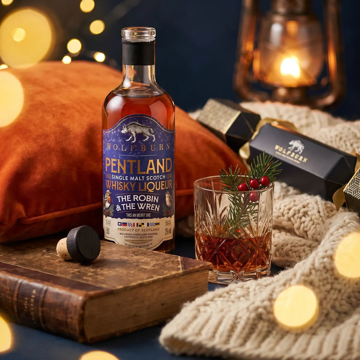 The Robin and The Wren Pentland Christmas whisky liqueur with a garnished glass, black Wolfburn cracker and lantern light