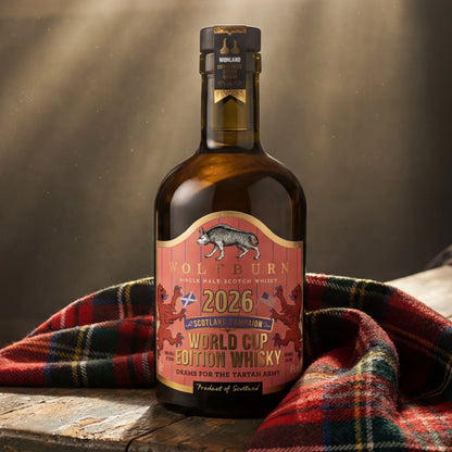 Wolfburn Morven World Cup Edition 2026 Highland Single Malt Scotch Whisky bottle draped in Royal Stewart tartan on a rustic wooden surface with warm golden light