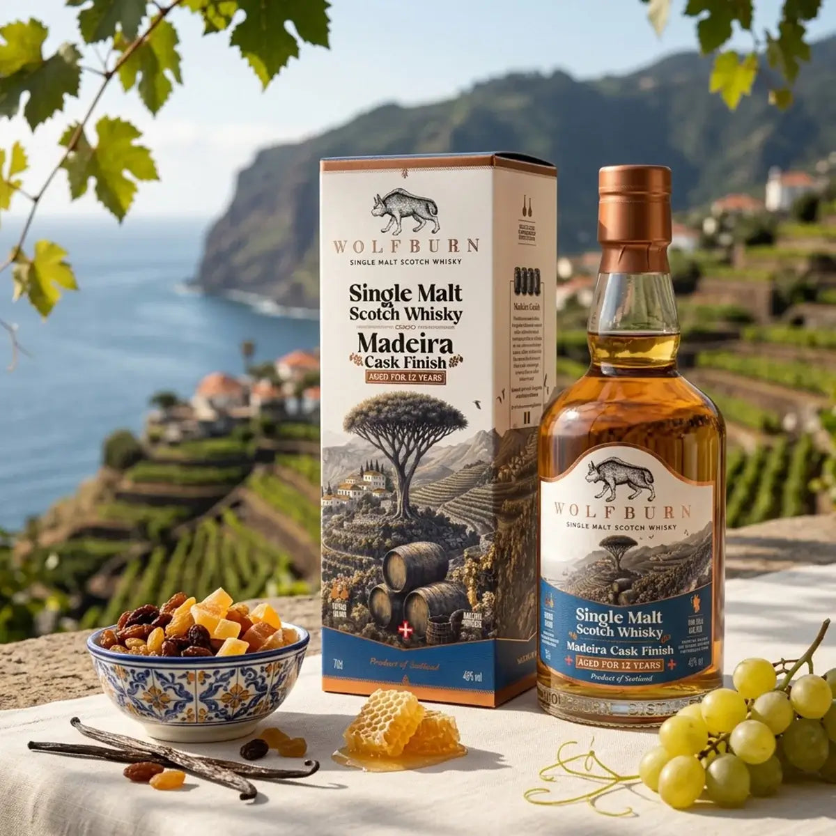 Wolfburn 12 Year Old Madeira Cask Finish bottle and carton on a stone ledge above Madeira's terraced vineyards