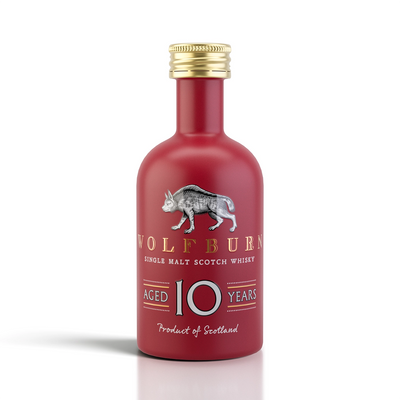 Wolfburn 10 Year Old Single Malt Scotch Whisky 5cl Miniature red bottle on a white background