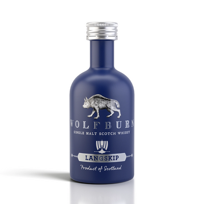 Wolfburn Langskip Single Malt Scotch Whisky 5cl Miniature blue bottle on a white background