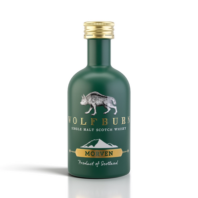 Wolfburn Morven Lightly Peated Single Malt Scotch Whisky 5cl Miniature green bottle on a white background