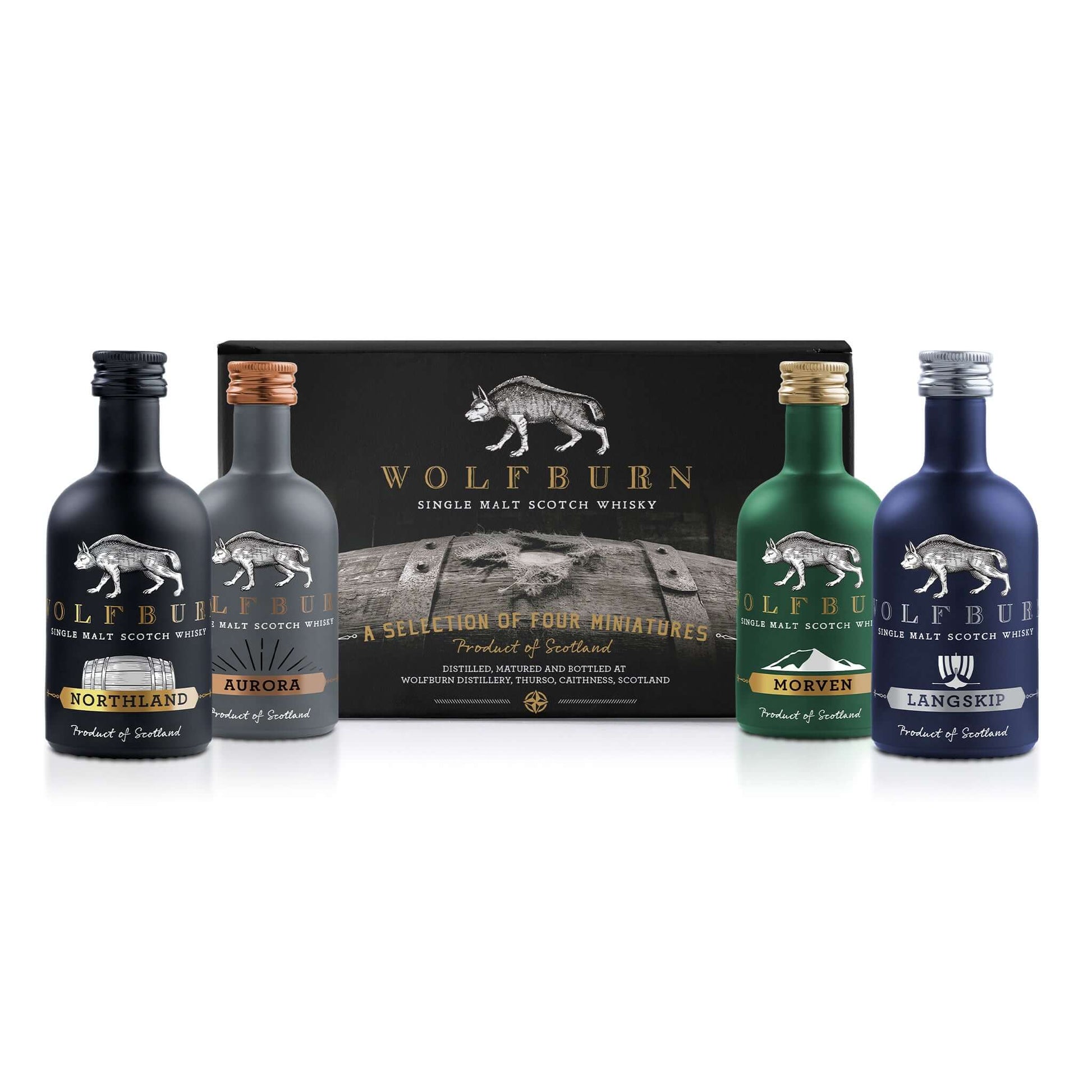 Wolfburn Miniature Quad Pack – 3 x 46% vol. and 1 x 58% vol. 5cl These four conveniently-sized 5cl bottles are a perfect gift for someone special. Or for yourself as a tasting treat, featuring the four core expressions of Wolfburn.