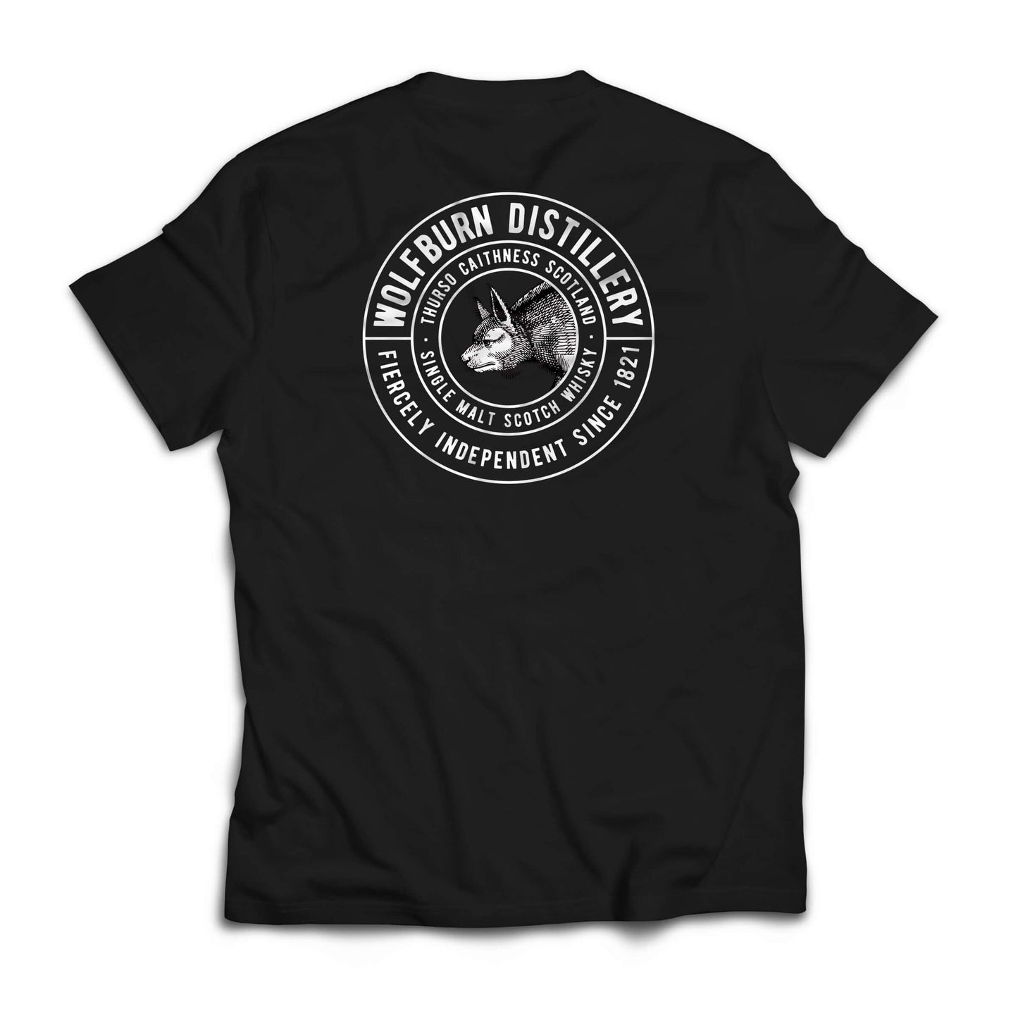 Black Wolfburn t-shirt with white graphic design on a white background
