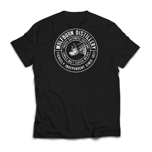 Black Wolfburn t-shirt with white graphic design on a white background