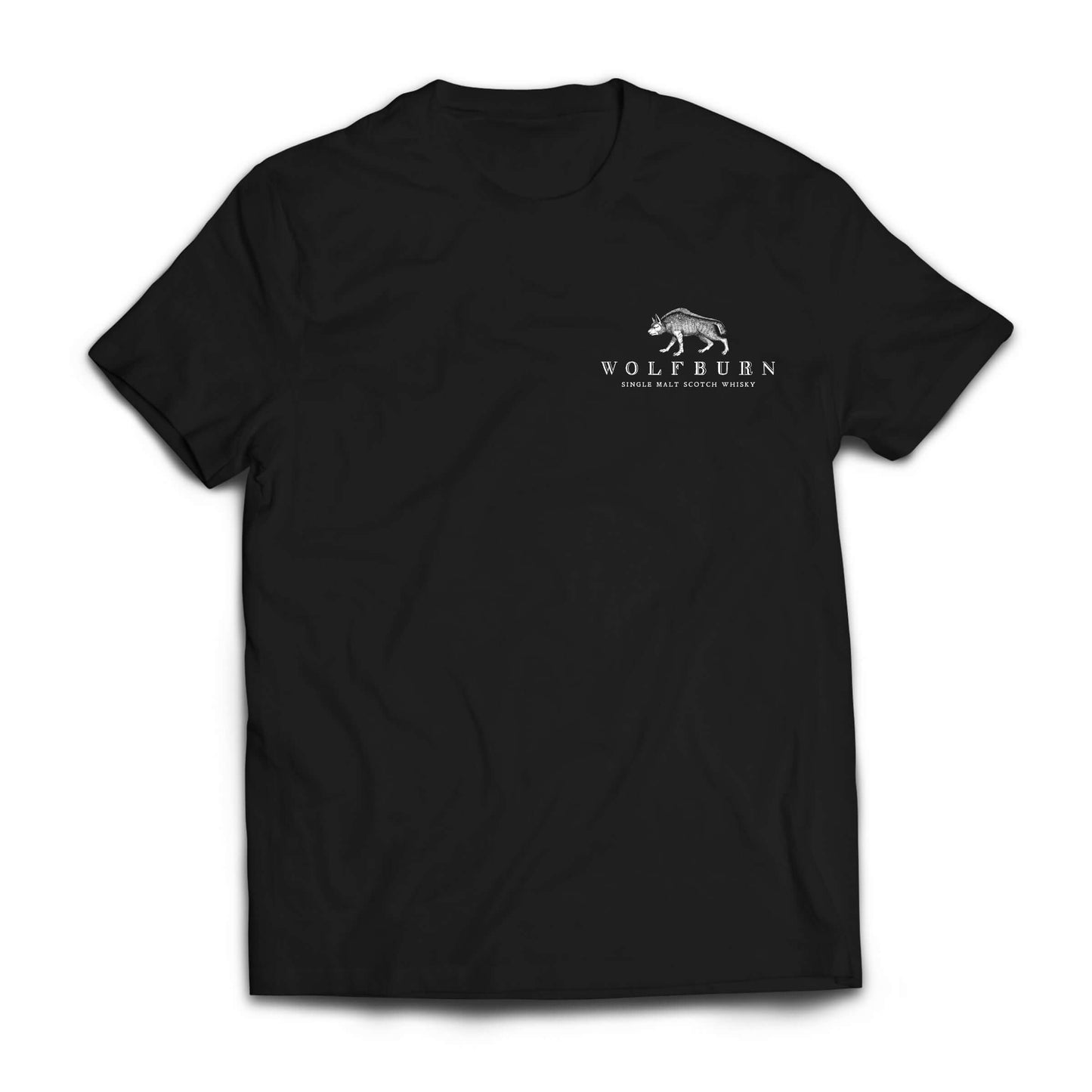 Black t-shirt with a white Wolfburn logo on a white background