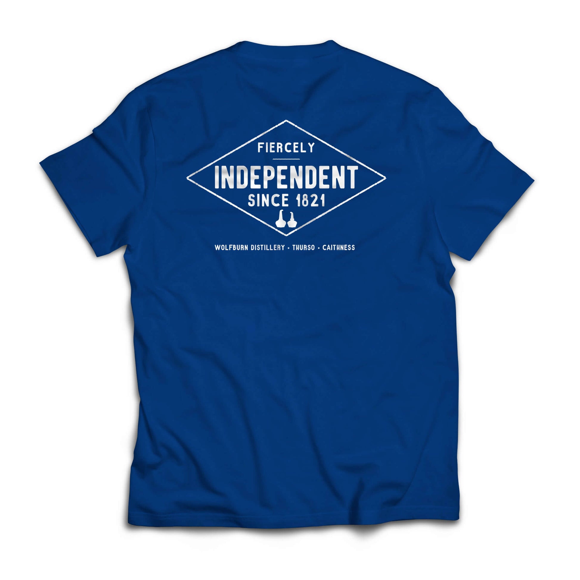 Blue cotton t-shirt with 'Fiercely Independent Since 1821' design on the back, featuring Wolfburn Distillery logo.