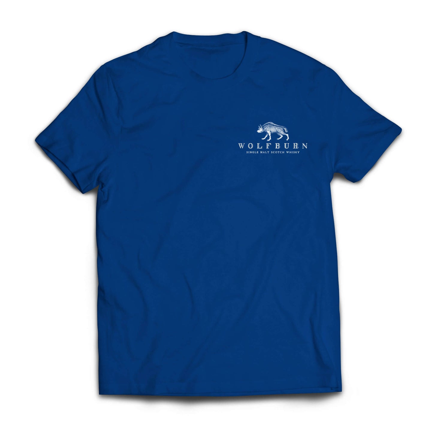 Blue cotton T-shirt with Wolfburn logo on chest and 'Fiercely Independent Since 1821' design on back.