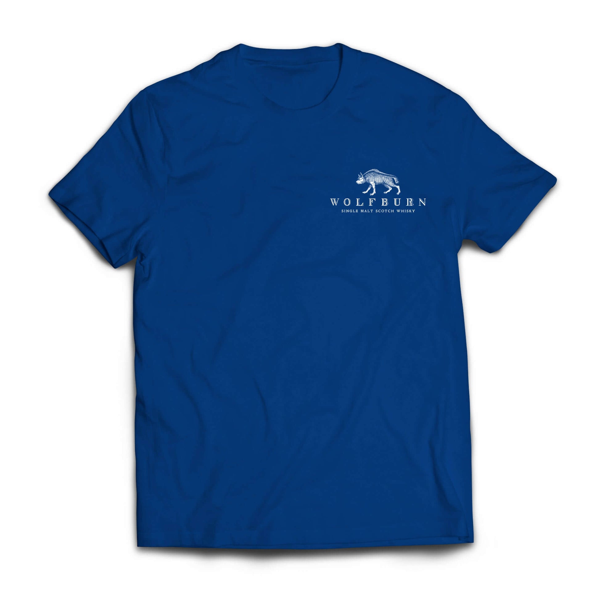 Blue cotton T-shirt with Wolfburn logo on chest and 'Fiercely Independent Since 1821' design on back.