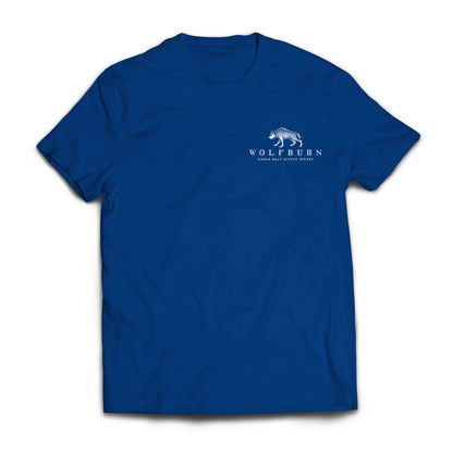 Blue cotton T-shirt with Wolfburn logo on chest and 'Fiercely Independent Since 1821' design on back.