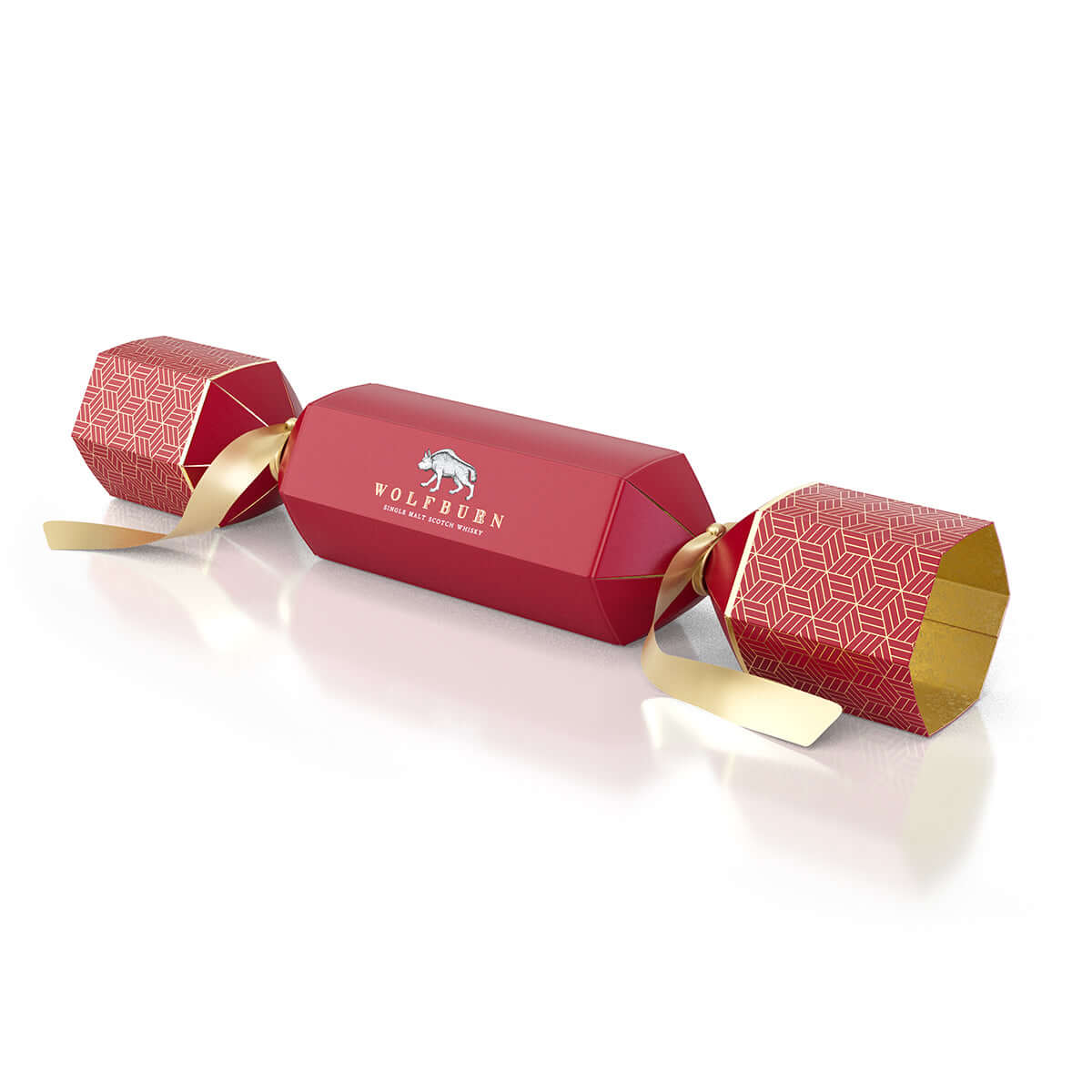 Red Christmas cracker with gold pull tab and 'Wolfburn' branding on a white background