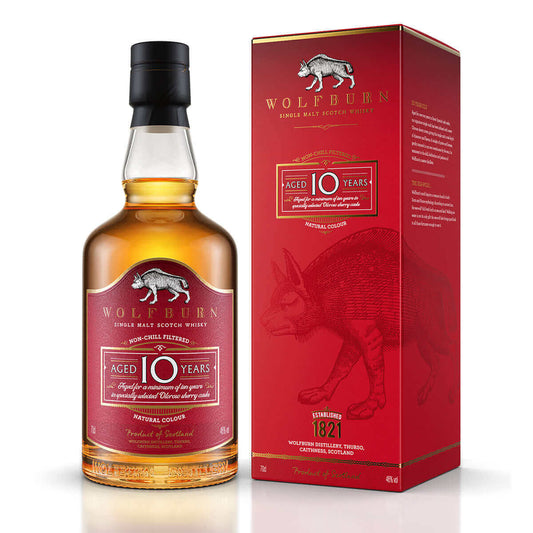 Wolfburn 10 year old – 46% vol. 70cl This 10-year-old single malt marks a significant milestone in the history of the distillery: it is our first permanent age-statement release. Crafted from spirit fully matured in hand-selected second-fill Oloroso sherr