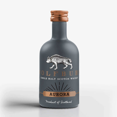 Aurora Single Malt Scotch Whisky Miniature bottle with dark design and copper cap, product of Scotland.