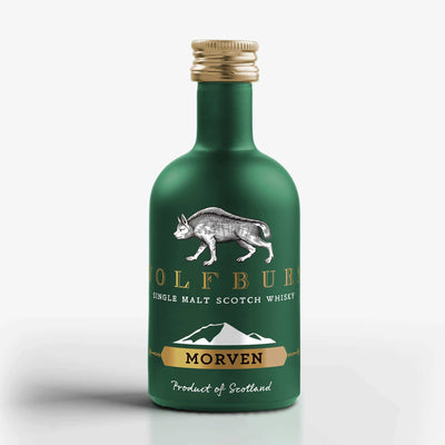 Morven Single Malt Scotch Whisky Miniature bottle with green design and gold accents, 46% vol, 5cl