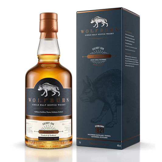 Wolfburn Aurora – 46% vol. 70cl This beautiful sherried whisky is made from spirit laid down in a combination of bourbon and Oloroso sherry casks. Benefitting from long fermentation and slow, gentle distillation, the spirit is laid down on-site in our pur