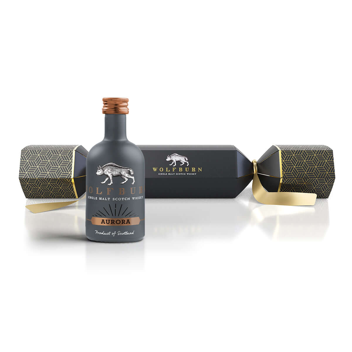 Wolfburn Aurora whisky bottle with packaging on a white background