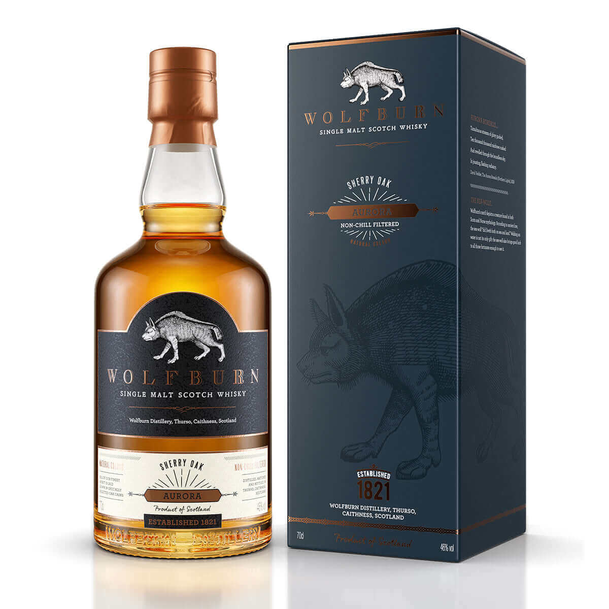 Wolfburn Aurora (Single bottle) This beautiful sherried whisky is made from spirit laid down in a combination of bourbon and Oloroso sherry casks. Benefitting from long fermentation and slow, gentle distillation, the spirit is laid down on-site in our pur