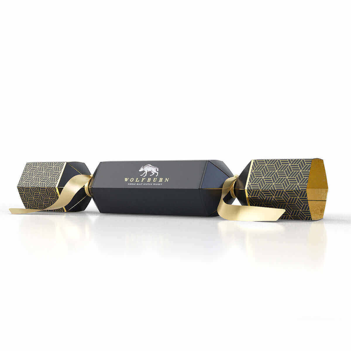 Black cracker with gold accents and Wolfburn logo on a white background