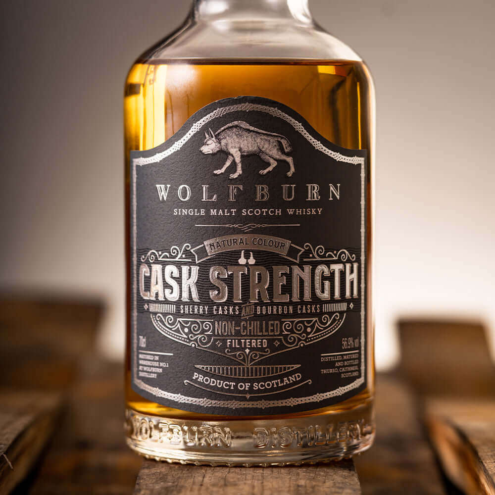 Wolfburn Cask Strength - 56.9% vol. 70cl Crafted from spirit matured in a combination of wonderfully sweet Oloroso sherry butts and ex-bourbon quarter casks it is a shade over seven years old. This hand-selected cask pairing has done an astonishing job of