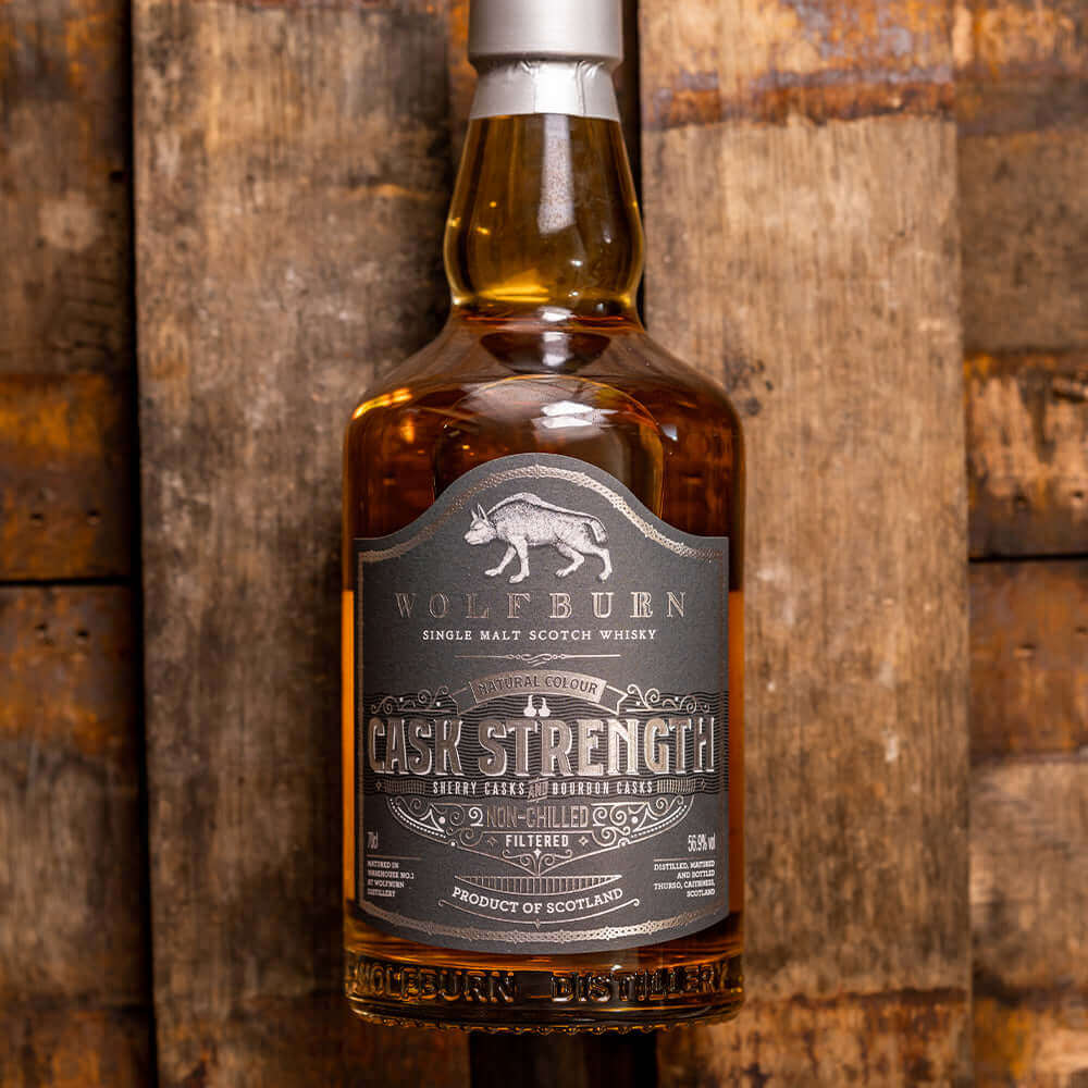 Wolfburn Distillery Wolfburn Cask Strength - 56.9% vol. 70cl Crafted from spirit matured in a combination of wonderfully sweet Oloroso sherry butts and ex-bourbon quarter casks it is a shade over seven years old. This hand-selected cask pairing has done a