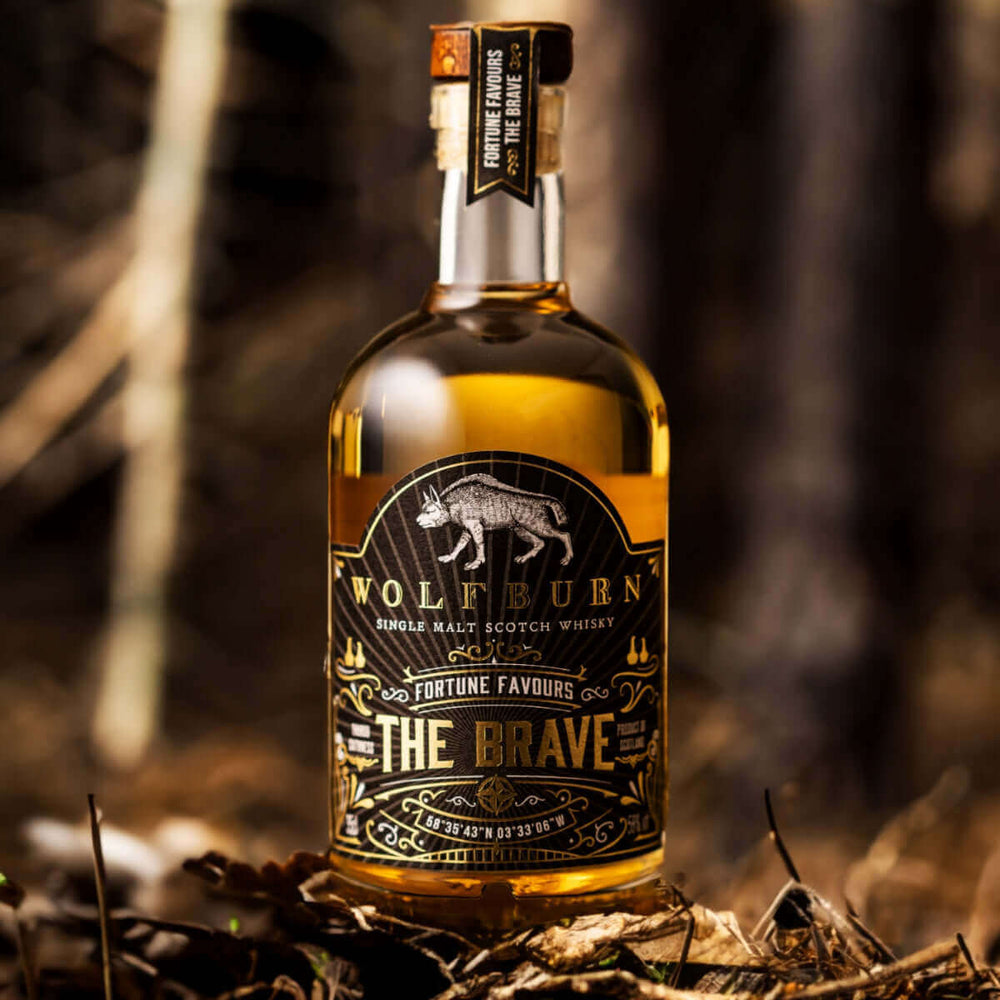 Wolfburn Distillery Wolfburn Fortune Favours the Brave – 58% vol. 35cl The 35cl Fortune Favours the Brave Langskip edition at 58%. Matured exclusively in first-fill ex-bourbon barrels. Distilled, matured and bottled at Wolfburn Distillery in Caithness, Sc