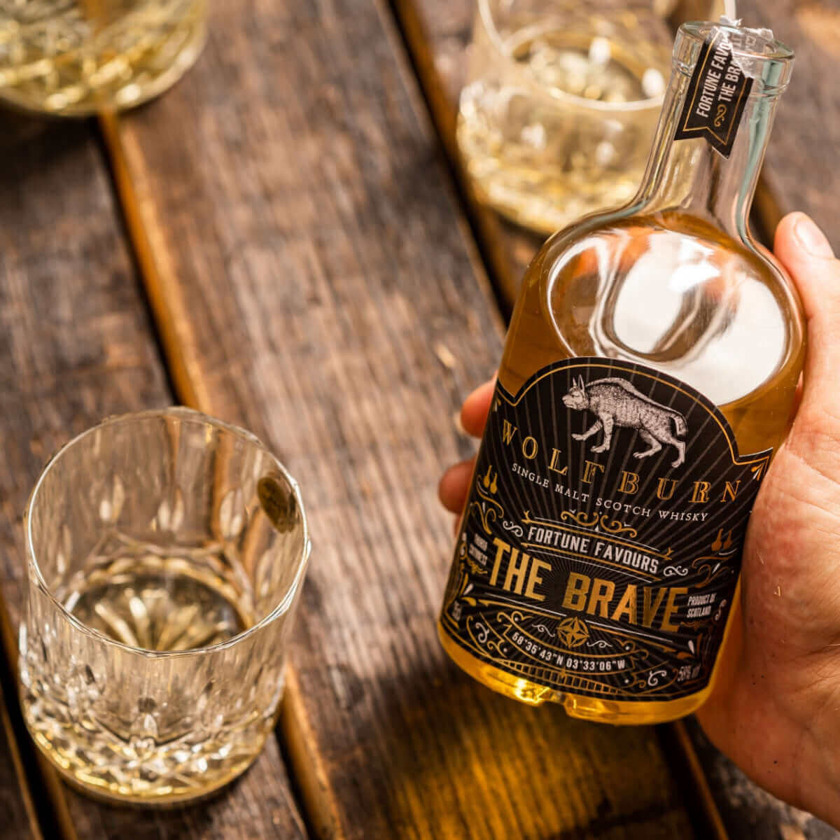 Wolfburn Fortune Favours the Brave – 58% vol. 35cl The 35cl Fortune Favours the Brave Langskip edition at 58%. Matured exclusively in first-fill ex-bourbon barrels. Distilled, matured and bottled at Wolfburn Distillery in Caithness, Scotland.