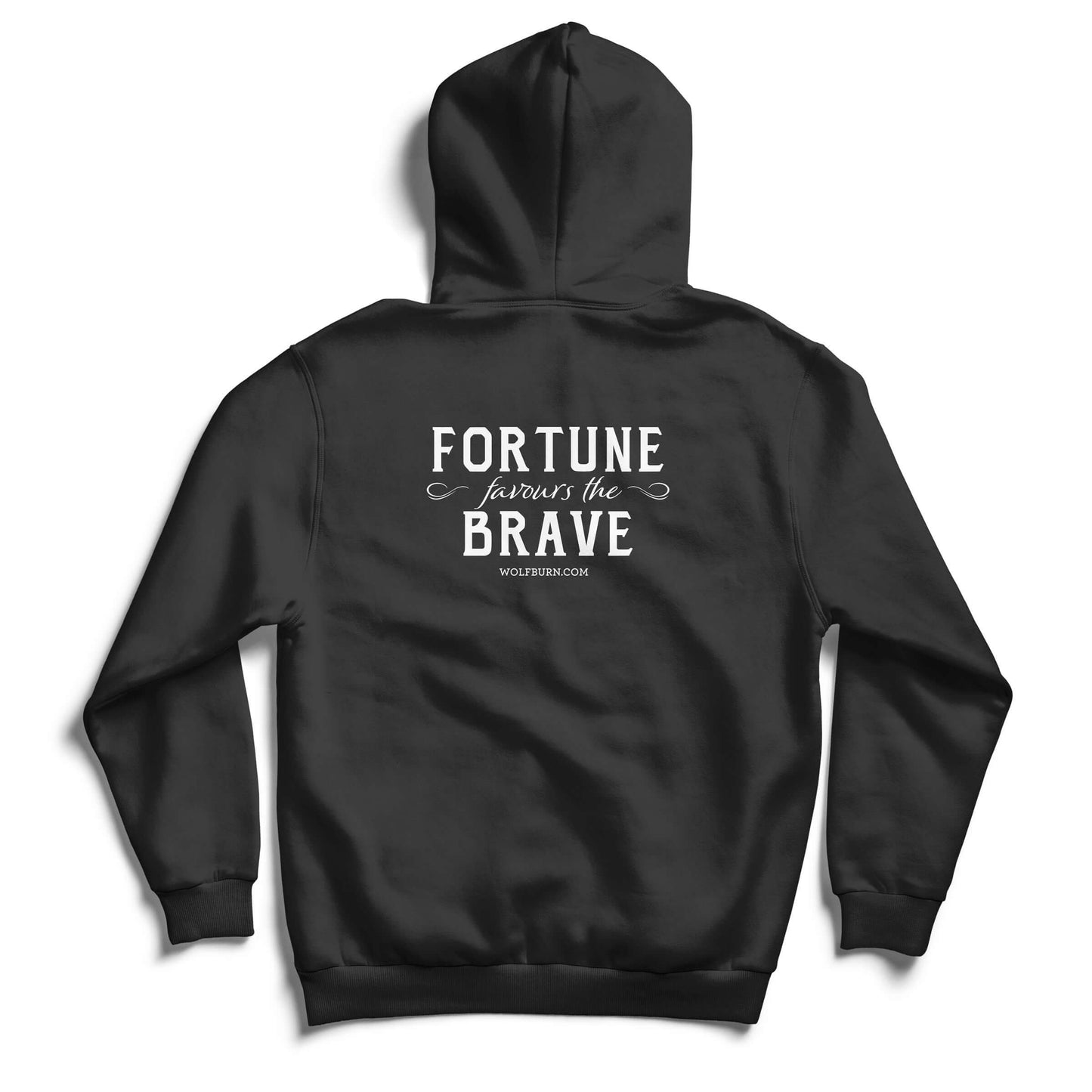 Black hoodie with 'Fortune Favours the Brave' text on the back against a white background