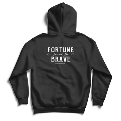 Black hoodie with 'Fortune Favours the Brave' text on the back against a white background