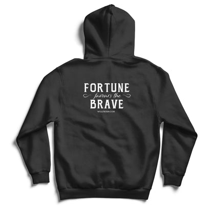 Black hoodie with 'Fortune Favours the Brave' text on the back against a white background