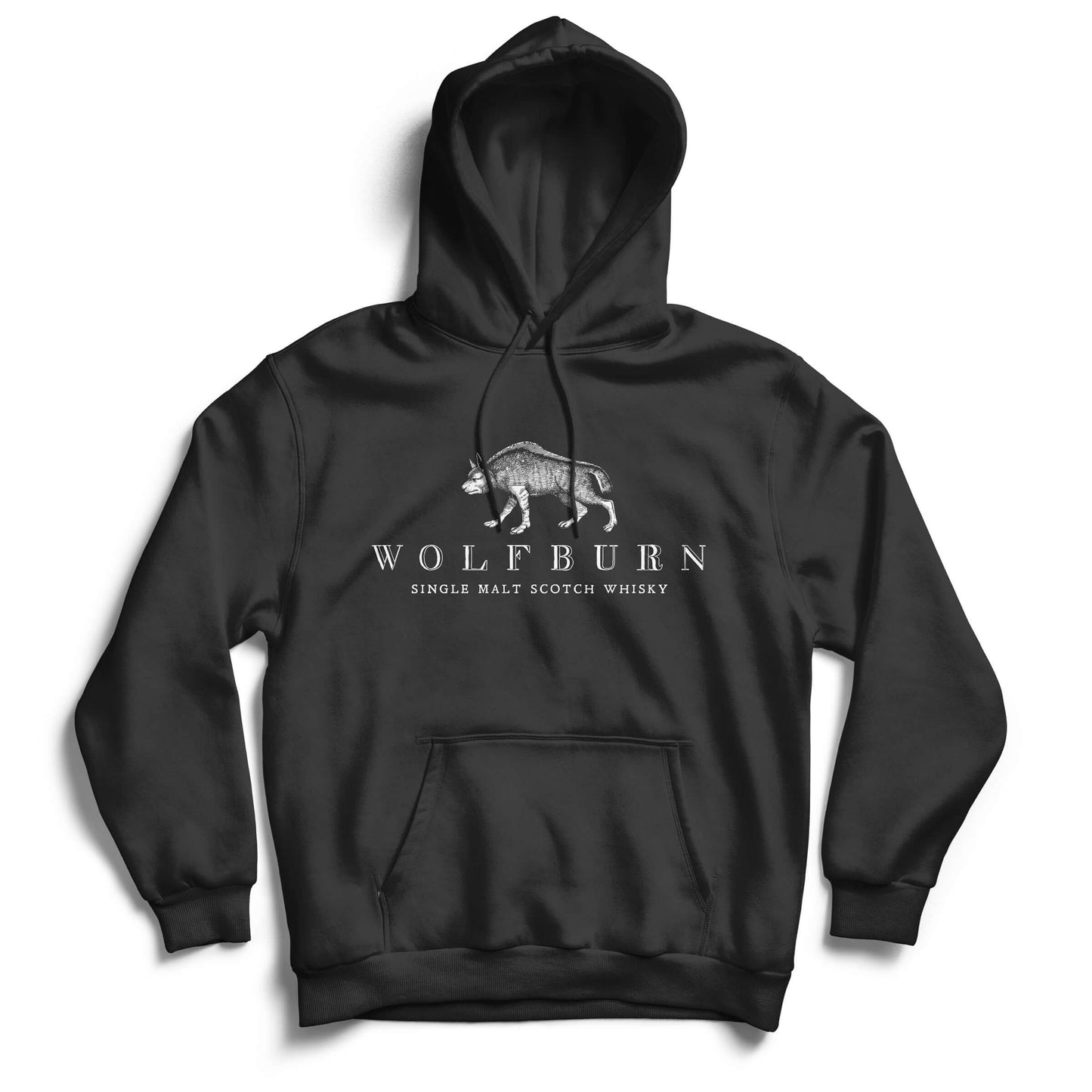 Black hoodie with Wolfburn Single Malt Scotch Whiskey logo on a white background