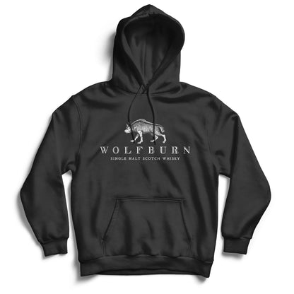 Black hoodie with Wolfburn Single Malt Scotch Whiskey logo on a white background
