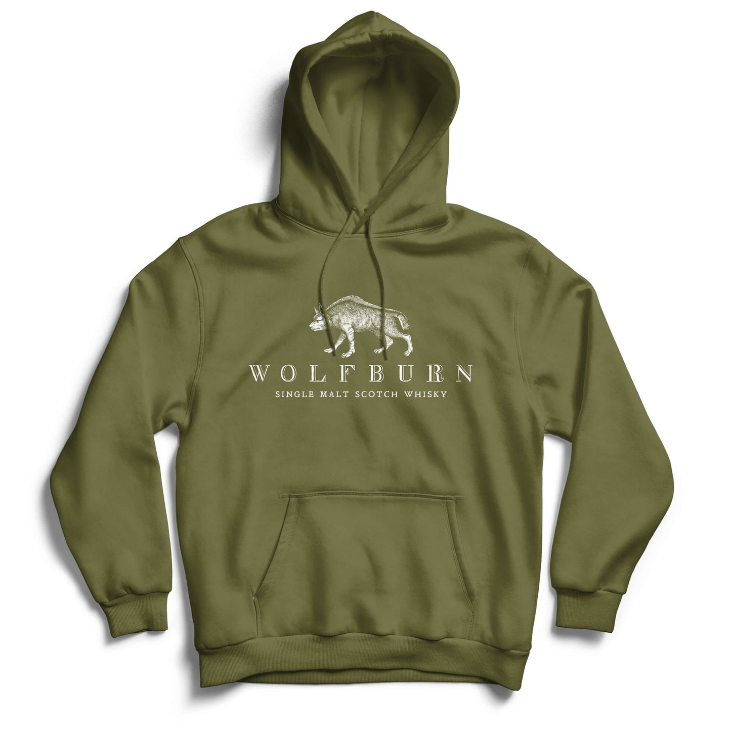 Army green hoodie with 'Wolfburn' logo on the chest and 'The Brave' text on the back, featuring a comfortable hooded design.