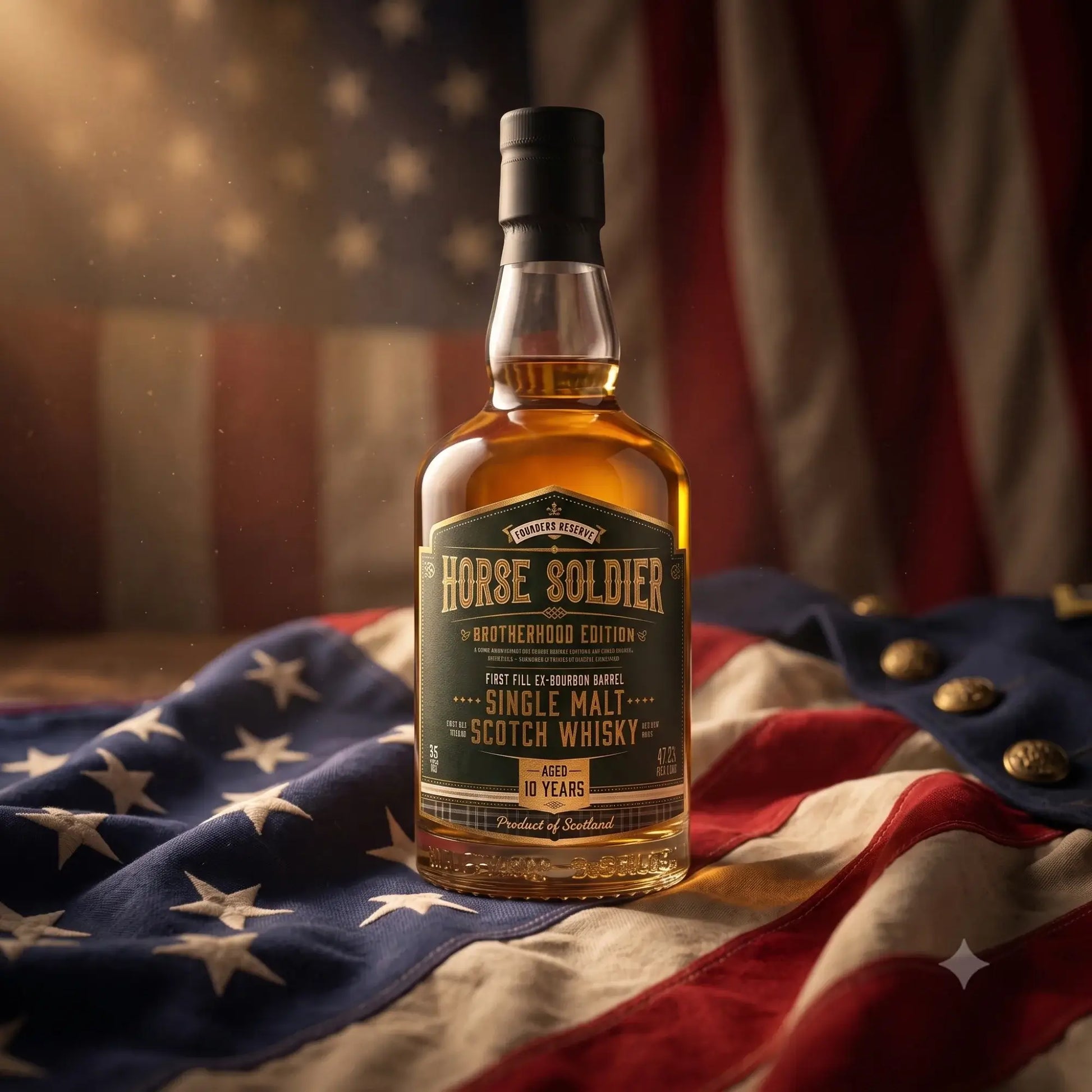 Wolfburn Horse Soldier Single Malt Scotch Whisky bottle on an American flag background.