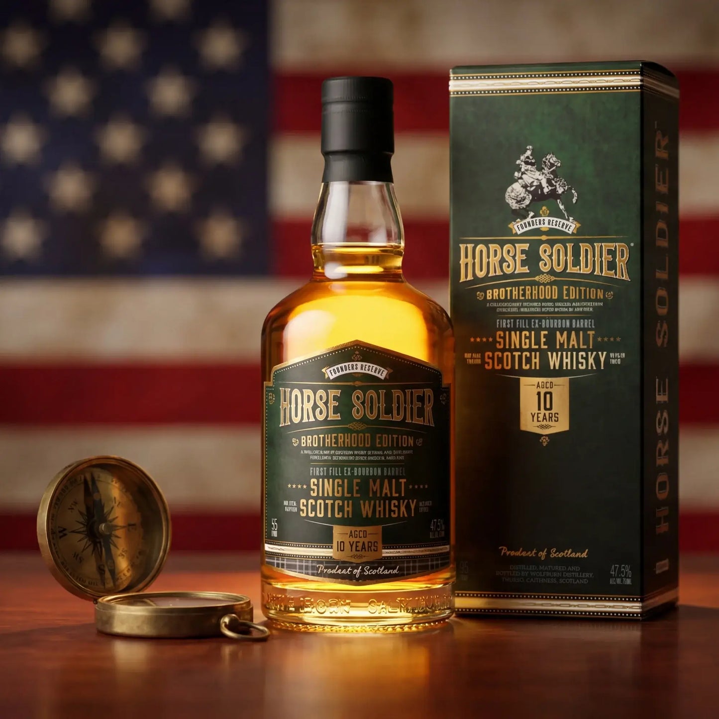 Wolfburn Horse Soldier Single Malt Scotch Whisky – 46% vol. 70cl with packaging and compass on a background of an American flag.
